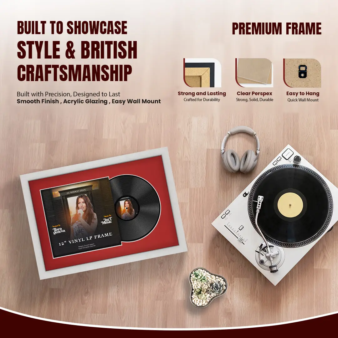 25x17" Modern Ash White Vinyl Record Frame For 12 Inch LP Cover & Disc With Crimson Mount | Overlapped Vinyl Display thumbnail 2
