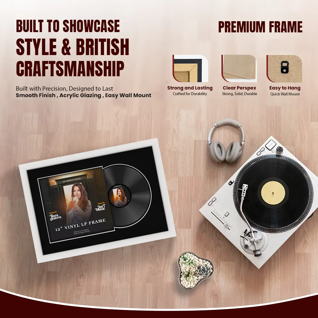 25x17" Modern White Vinyl Record Frame For 12 Inch LP Cover & Disc (Overlapped) With Black Mount | Elegant Music Display thumbnail 2