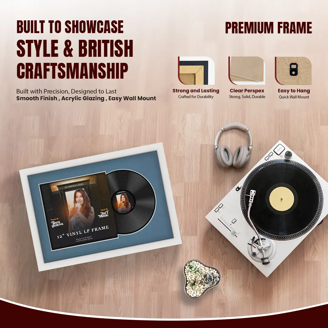 25x17" Modern White Vinyl Record Frame For 12 Inch LP Cover & Disc With Pompador Mount | Overlapped Vinyl Display thumbnail 2