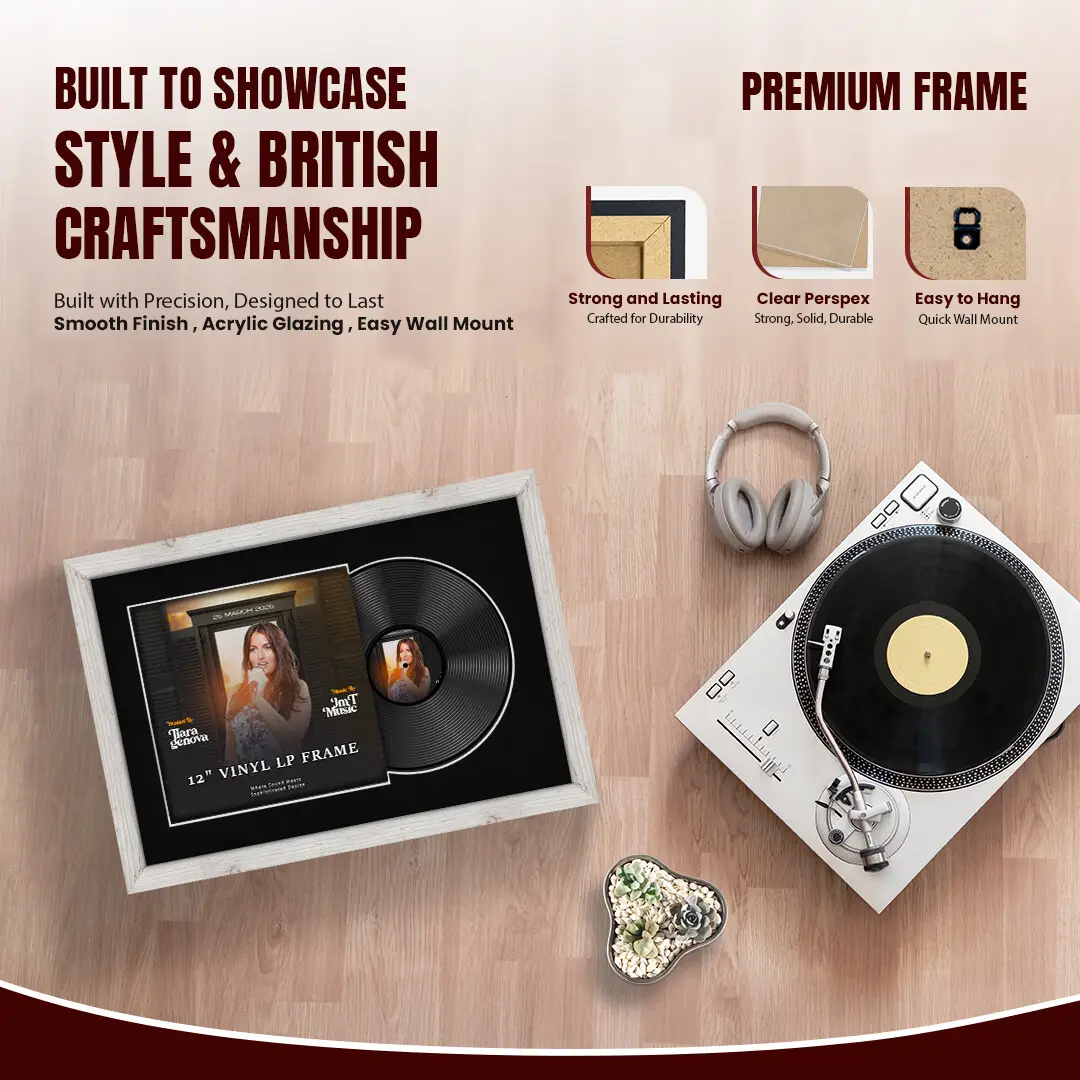 25x17" Modern White Rustic Vinyl Record Frame For 12 Inch LP Cover & Disc (Overlapped) With Black Mount | Elegant Music Display thumbnail 2