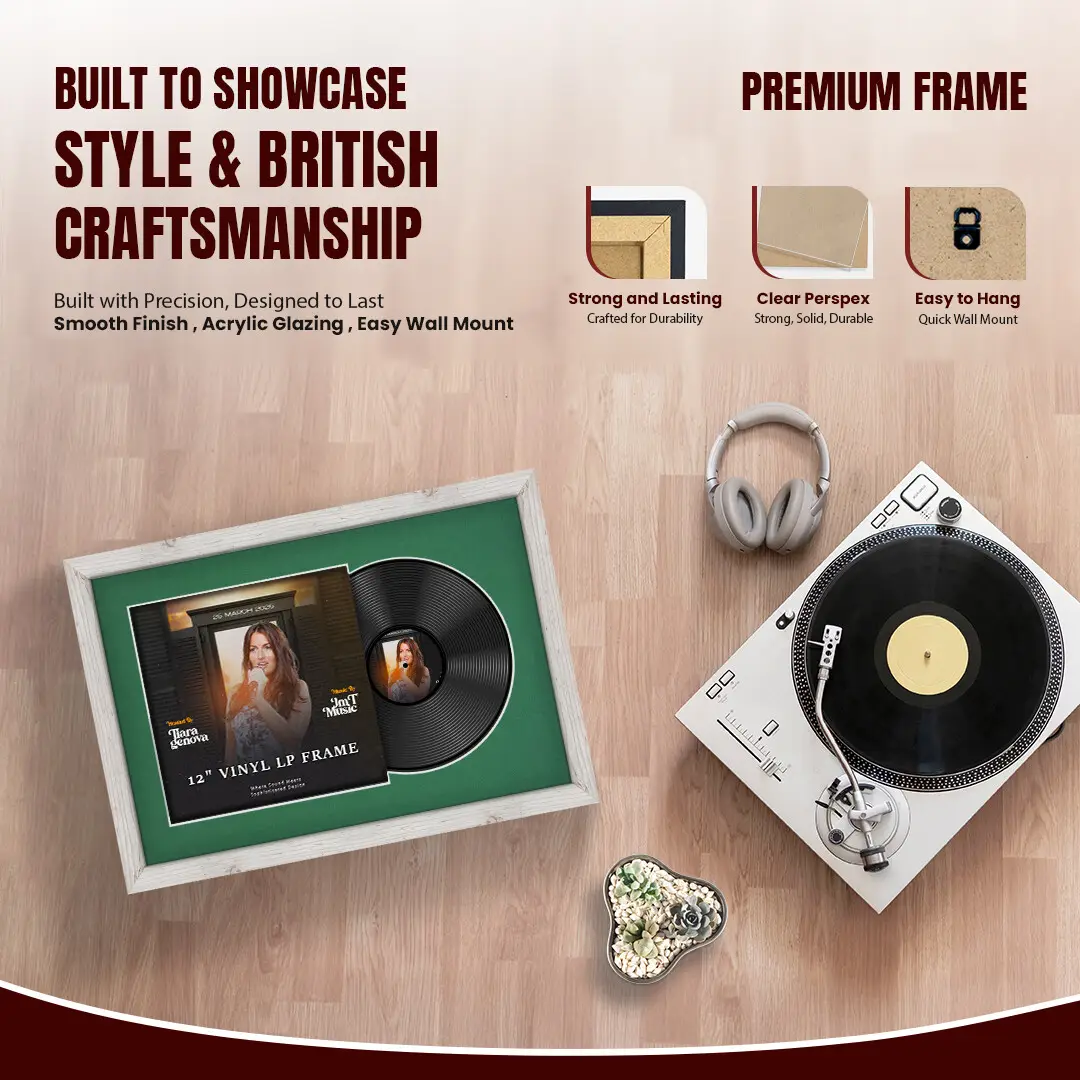 25x17" Modern White Rustic Vinyl Record Frame For 12 Inch LP Cover & Disc (Overlapped) With Emerald (Green) Mount | Elegant Music Display thumbnail 2