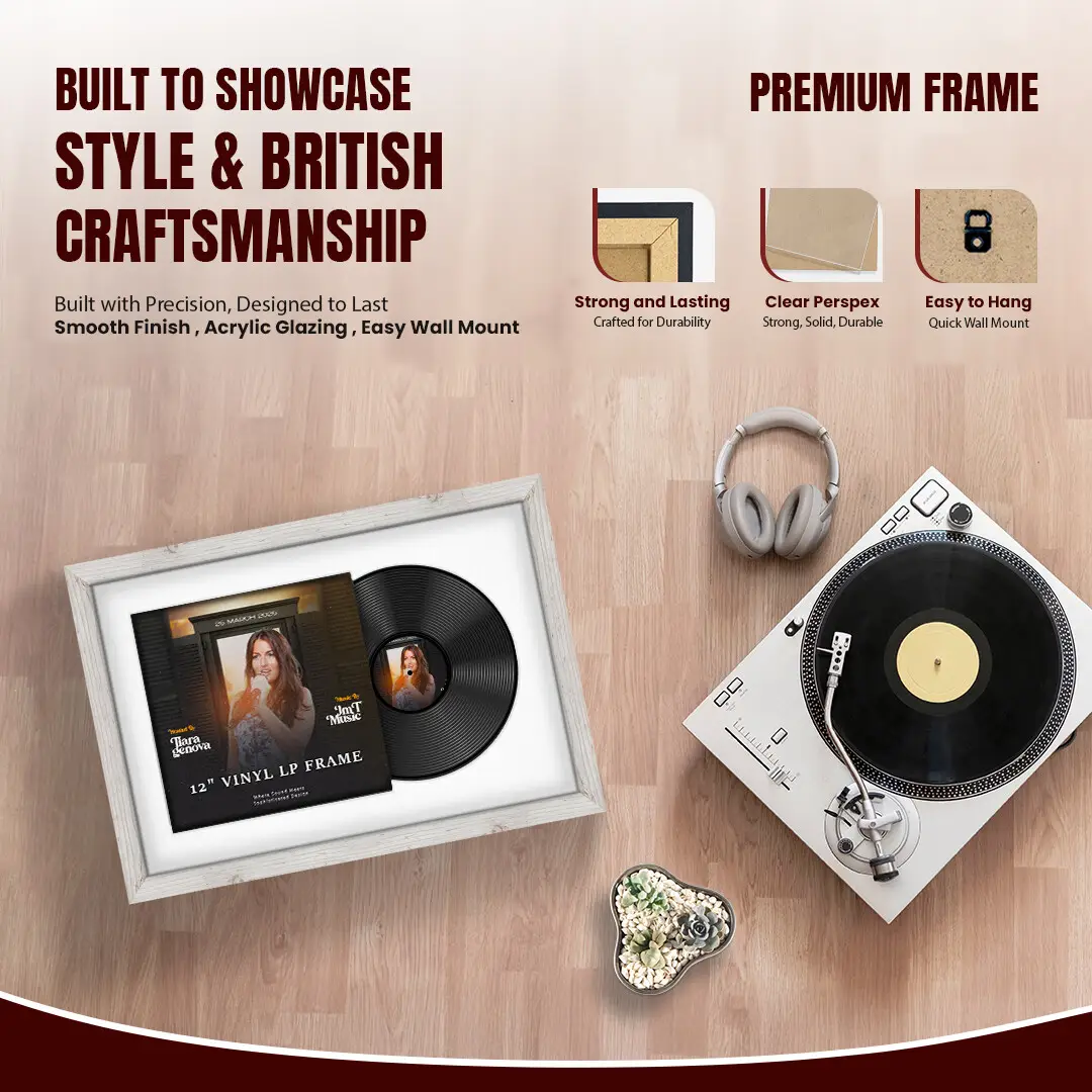 25x17" Modern White Rustic Vinyl Record Frame For 12 Inch LP Cover & Disc With Ice White Mount | Overlapped Vinyl Display thumbnail 2