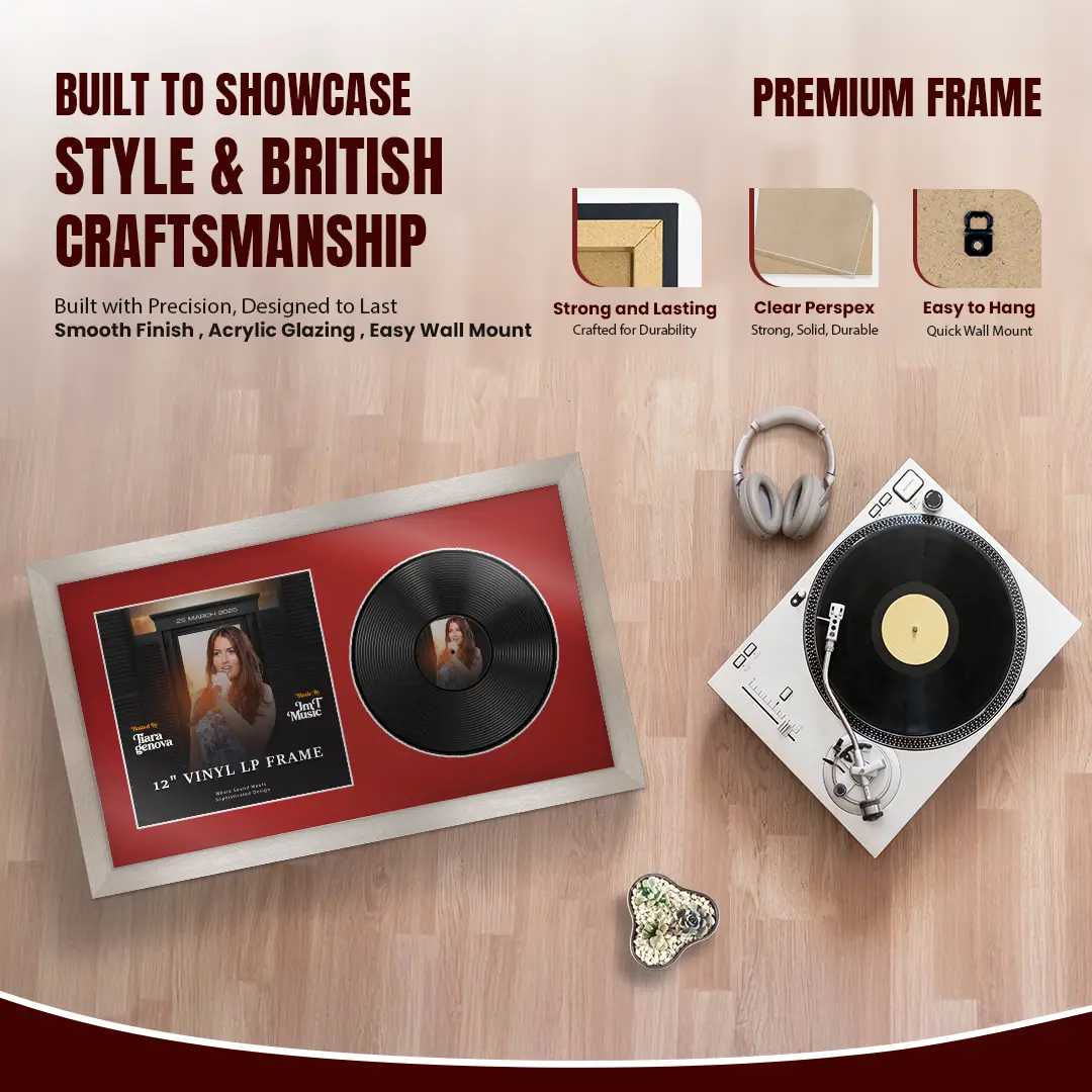 30x17" Modern Aluminium Vinyl Record Frame With Crimson Mount | Displays 12" LP Cover & Disc Side by Side thumbnail 2
