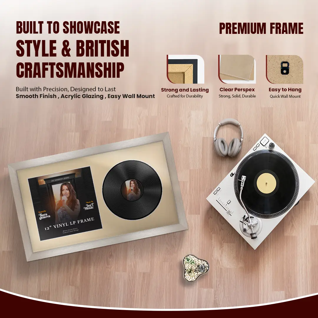 30x17" Modern Aluminium Vinyl Record Frame With Ivory Mount | Displays 12" LP Cover & Disc Side by Side thumbnail 2