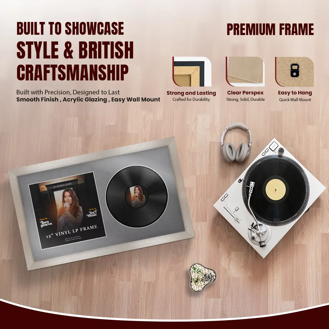30x17" Modern Aluminium Vinyl Record Frame With Mid Grey Mount | Displays 12" LP Cover & Disc Side by Side thumbnail 2