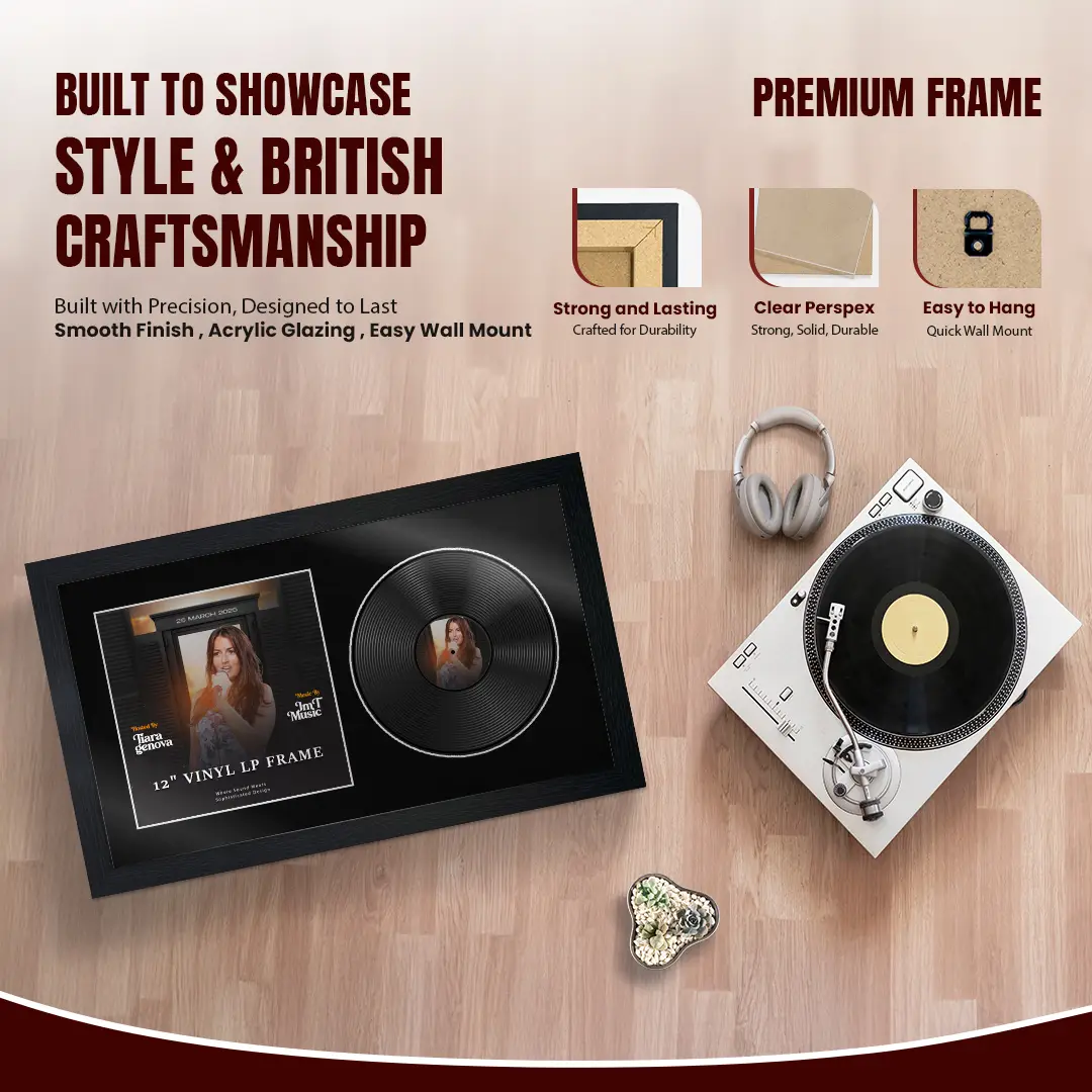 30x17" Modern Black Vinyl Record Frame With Black Mount | For 12" LP Cover and Disc Side By Side Display thumbnail 2