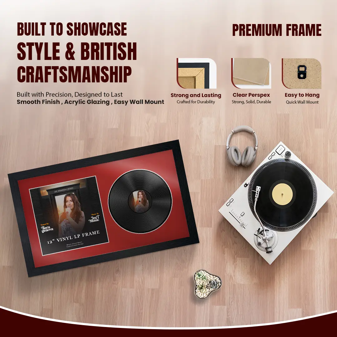 30x17" Modern Black Vinyl Record Frame With Crimson Mount | For 12" LP Cover and Disc Side By Side Display thumbnail 2