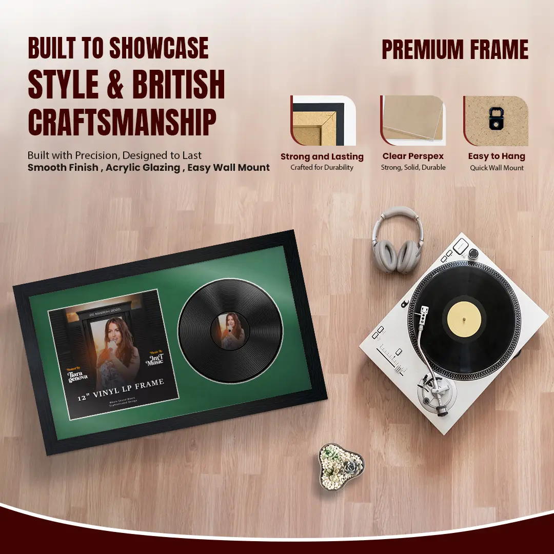 30x17" Modern Black Vinyl Record Frame With Emerald (Green) Mount | Displays 12" LP Cover & Disc Side by Side thumbnail 2