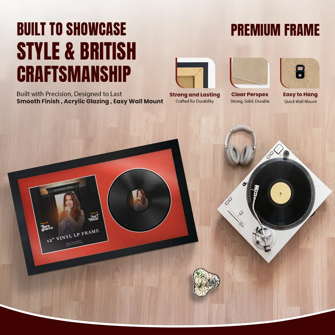 30x17" Modern Black Vinyl Record Frame With Poppy Red Mount | For 12" LP Cover and Disc Side By Side Display thumbnail 2