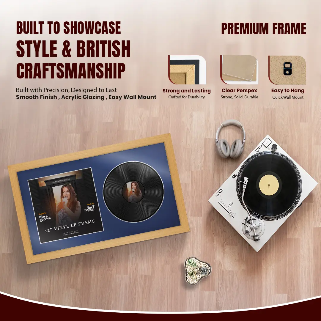 30x17" Modern Country Pine Vinyl Record Frame With Blue Mount | Displays 12" LP Cover & Disc Side by Side thumbnail 2