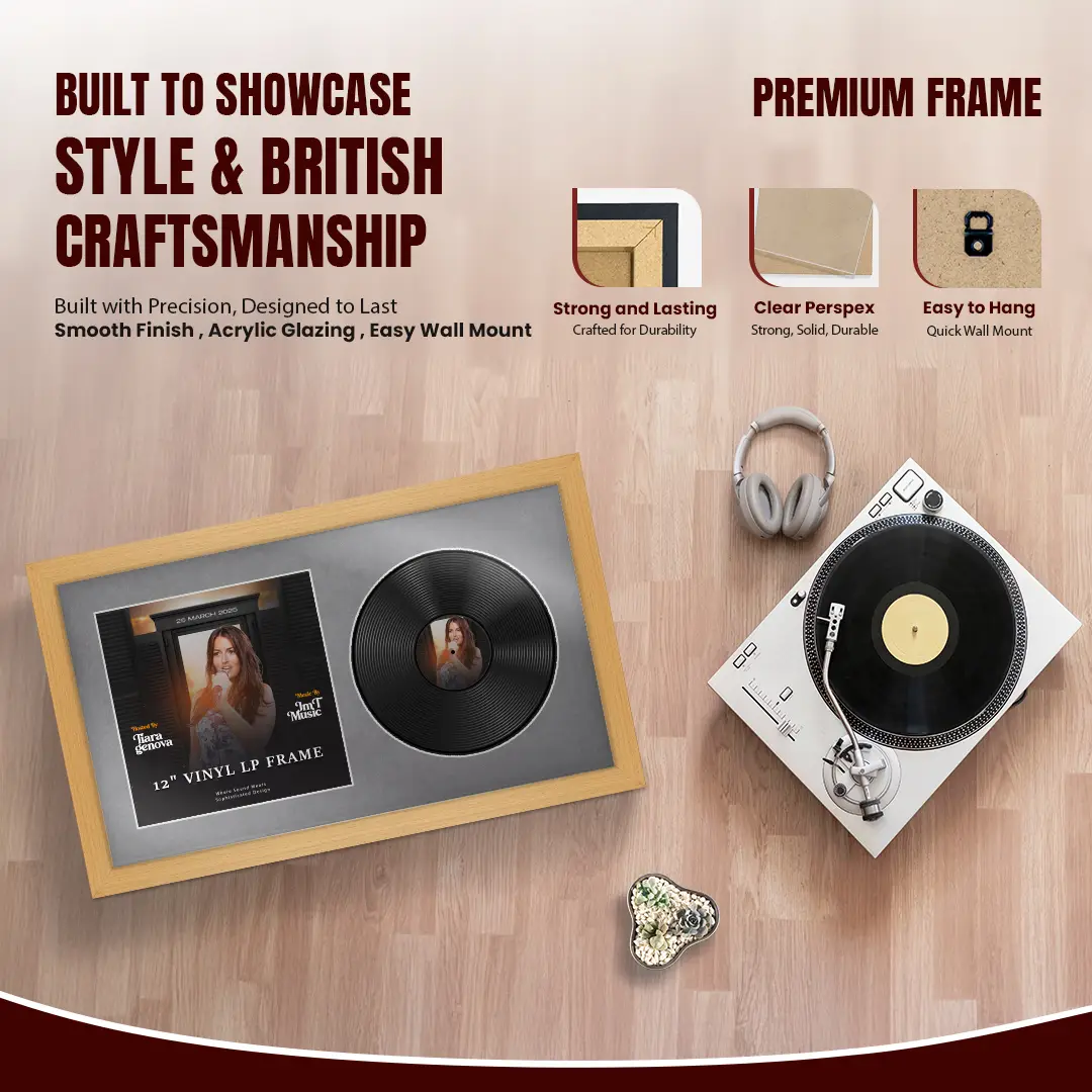 30x17" Modern Country Pine Vinyl Record Frame With Mid Grey Mount | Displays 12" LP Cover & Disc Side by Side thumbnail 2