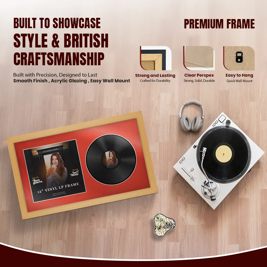 30x17" Modern Country Pine Vinyl Record Frame With Poppy Red Mount | For 12" LP Cover and Disc Side By Side Display thumbnail 2