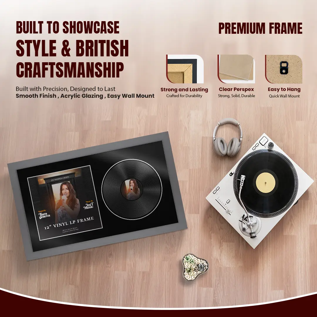 30x17" Modern Dark Grey Vinyl Record Frame With Silver Mount | Displays 12" LP Cover & Disc Side by Side thumbnail 2