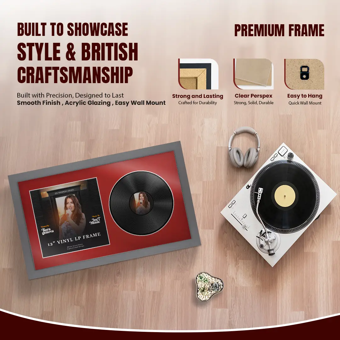 30x17" Modern Dark Grey Vinyl Record Frame With Crimson Mount | Side by Side 12" LP Cover & Disc Display thumbnail 2