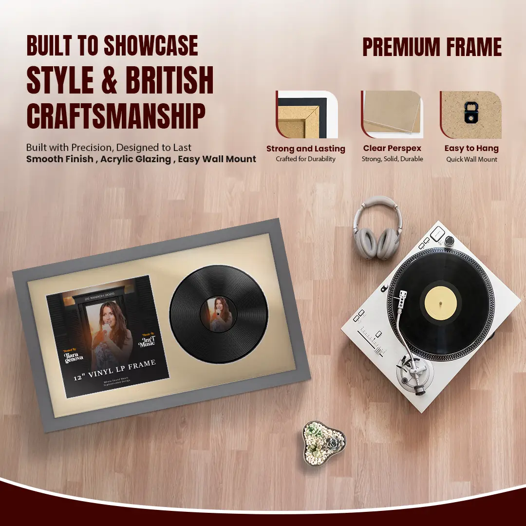 30x17" Modern Dark Grey Vinyl Record Frame With Ivory Mount | For 12" LP Cover and Disc Side By Side Display thumbnail 2