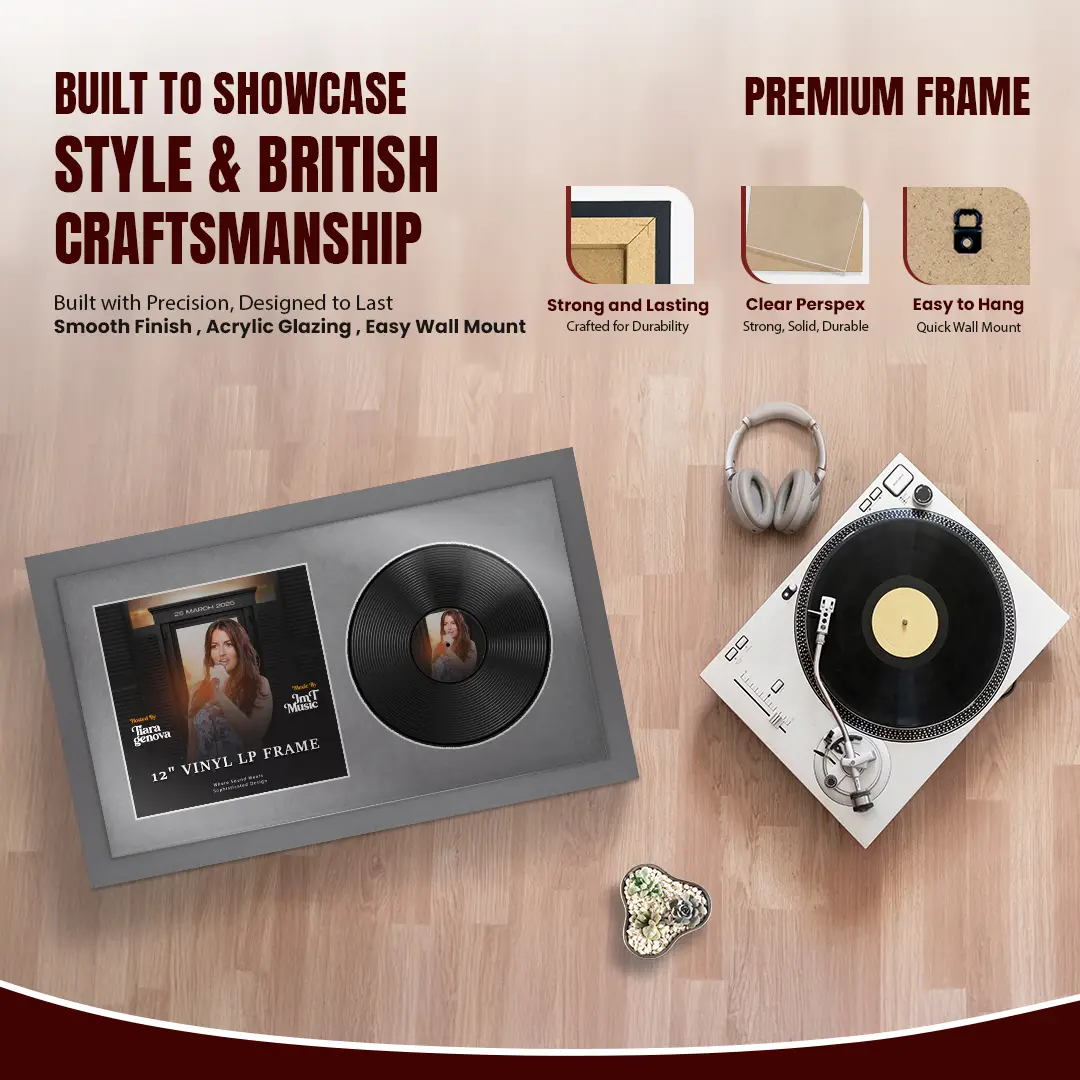 30x17" Modern Dark Grey Vinyl Record Frame With Mid Grey Mount | Displays 12" LP Cover & Disc Side by Side thumbnail 2