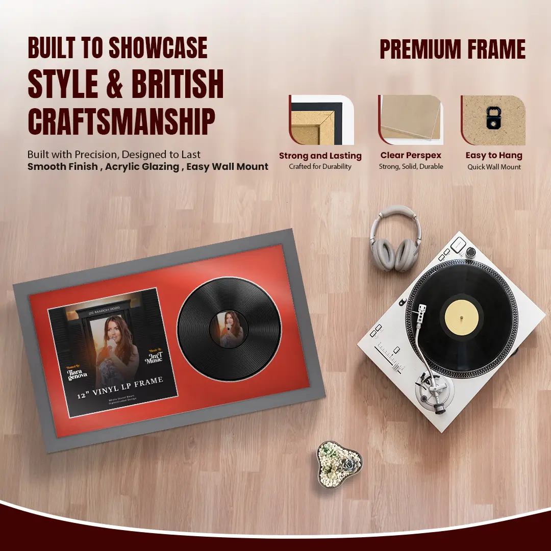 30x17" Modern Dark Grey Vinyl Record Frame With Poppy Red Mount | Displays 12" LP Cover & Disc Side by Side thumbnail 2