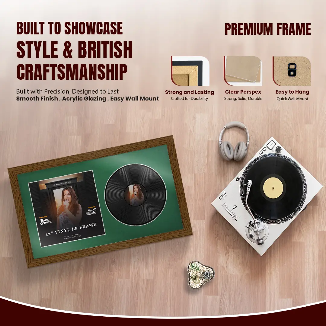 30x17" Modern Dark Oak Vinyl Record Frame With Emerald (Green) Mount | Side by Side 12" LP Cover & Disc Display thumbnail 2