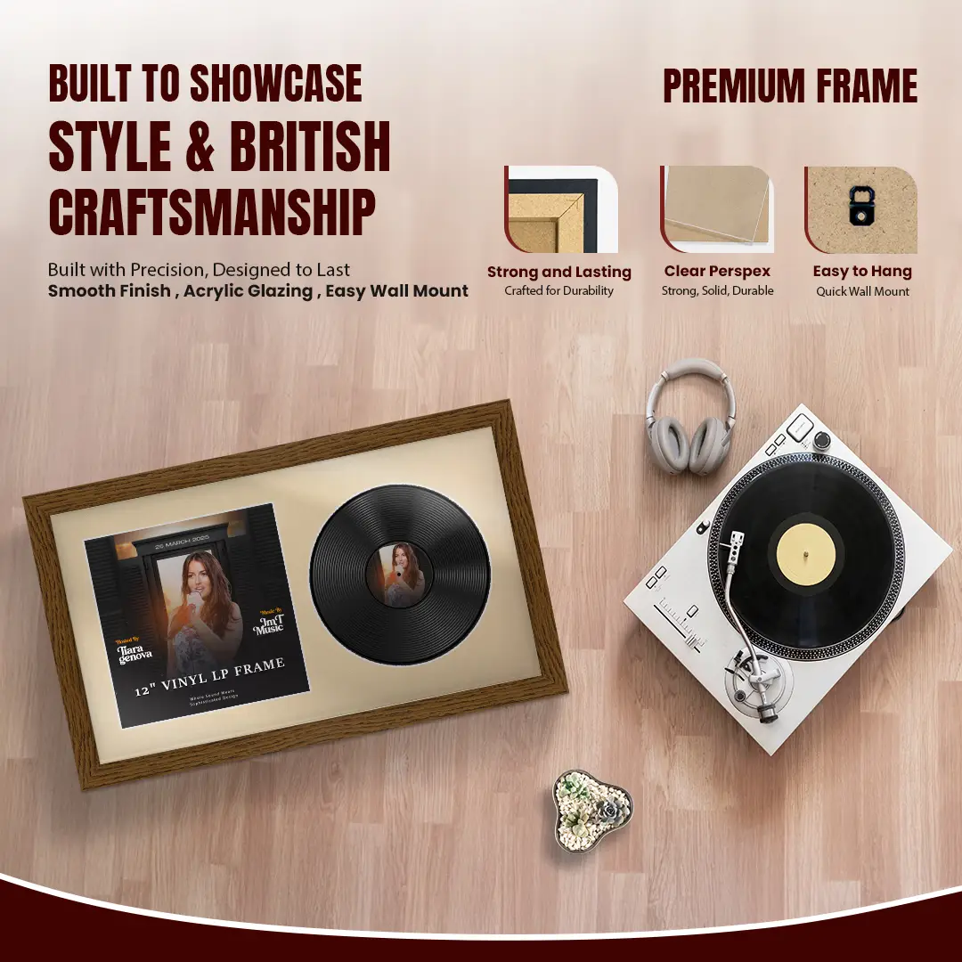 30x17" Modern Dark Oak Vinyl Record Frame With Ivory Mount | For 12" LP Cover and Disc Side By Side Display thumbnail 2