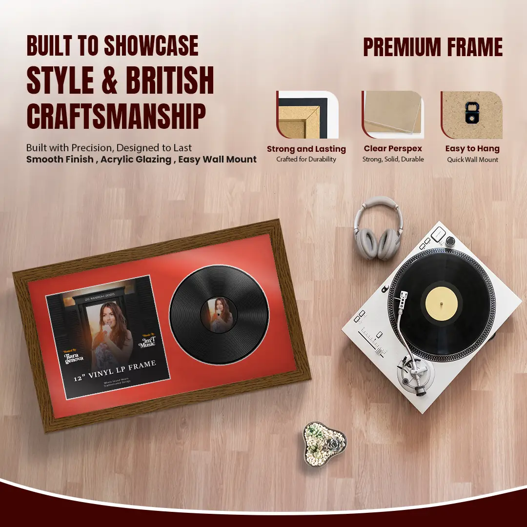 30x17" Modern Dark Oak Vinyl Record Frame With Poppy Red Mount | Displays 12" LP Cover & Disc Side by Side thumbnail 2