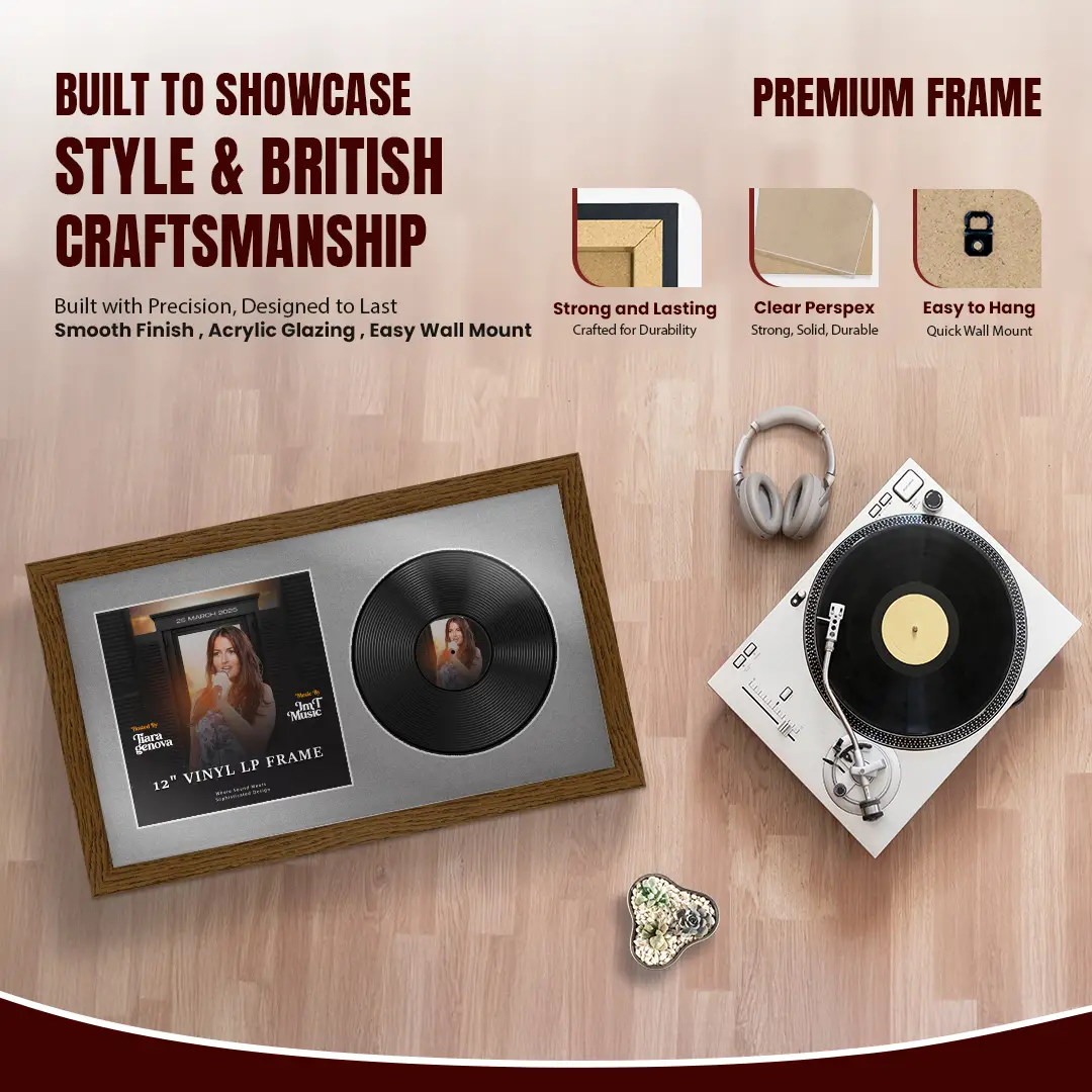 30x17" Modern Dark Oak Vinyl Record Frame With Silver Mount | For 12" LP Cover and Disc Side By Side Display thumbnail 2
