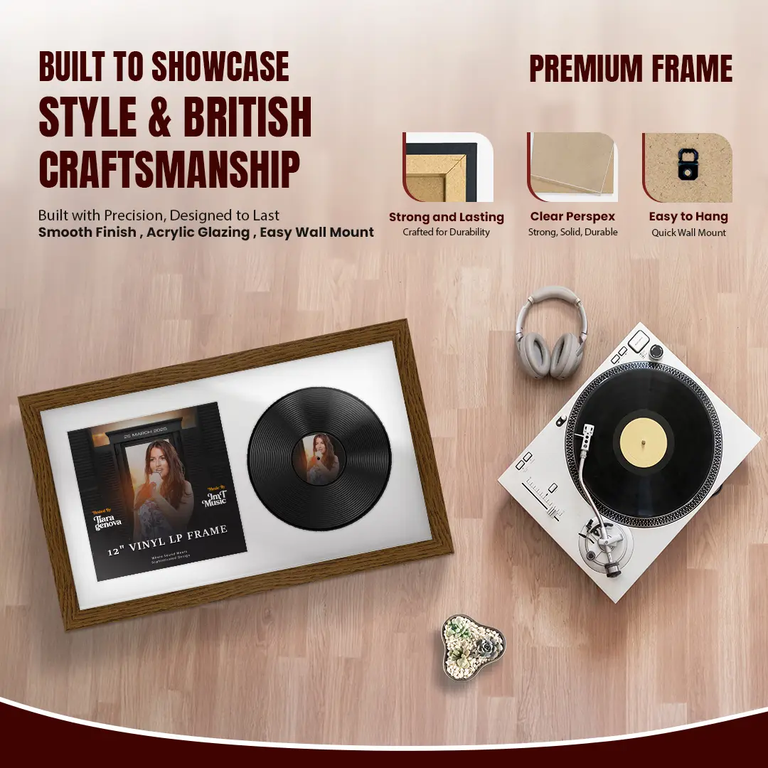 30x17" Modern Dark Oak Vinyl Record Frame With Ice White Mount | Displays 12" LP Cover & Disc Side by Side thumbnail 2