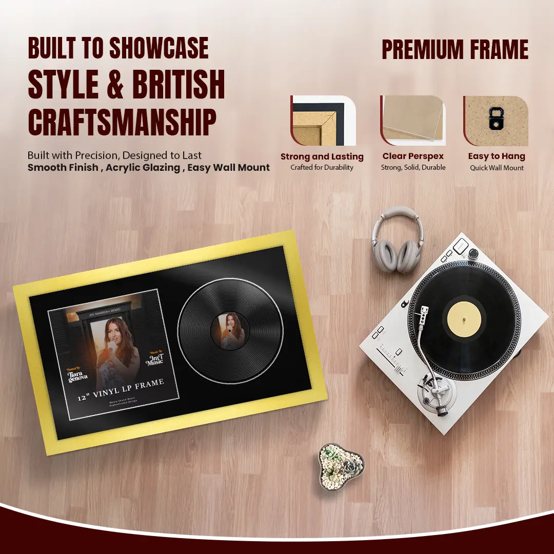 30x17" Modern Gold Vinyl Record Frame With Black Mount | Displays 12" LP Cover & Disc Side by Side thumbnail 2