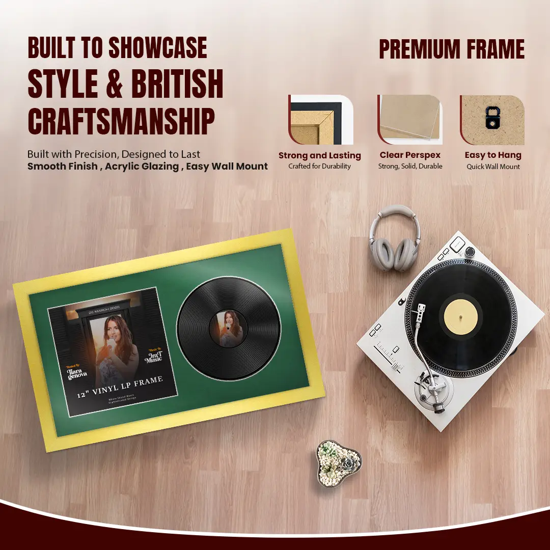 30x17" Modern Gold Vinyl Record Frame With Emerald (Green) Mount | For 12" LP Cover and Disc Side By Side Display thumbnail 2