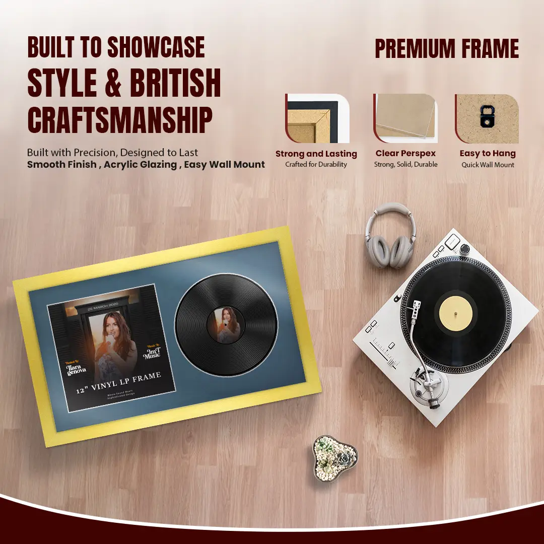 30x17" Modern Gold Vinyl Record Frame With Pompador Mount | Side by Side 12" LP Cover & Disc Display thumbnail 2