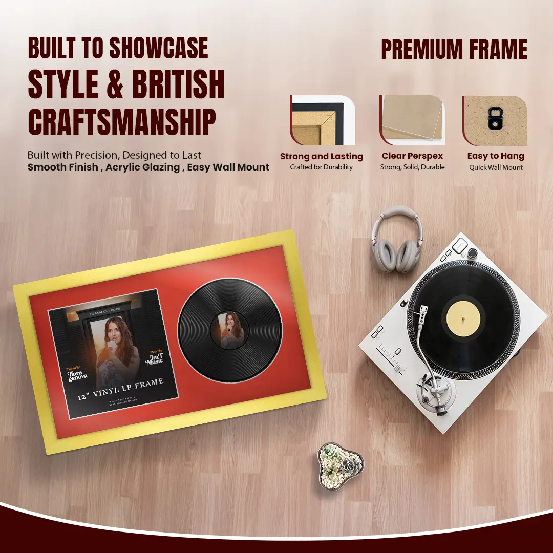 30x17" Modern Gold Vinyl Record Frame With Poppy Red Mount | Side by Side 12" LP Cover & Disc Display thumbnail 2