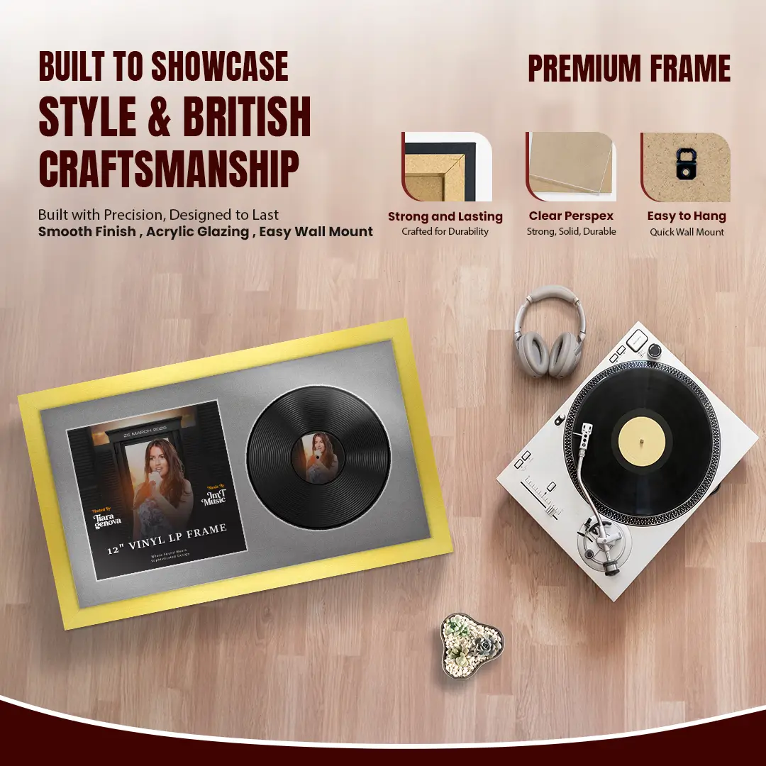 30x17" Modern Gold Vinyl Record Frame With Silver Mount | Displays 12" LP Cover & Disc Side by Side thumbnail 2