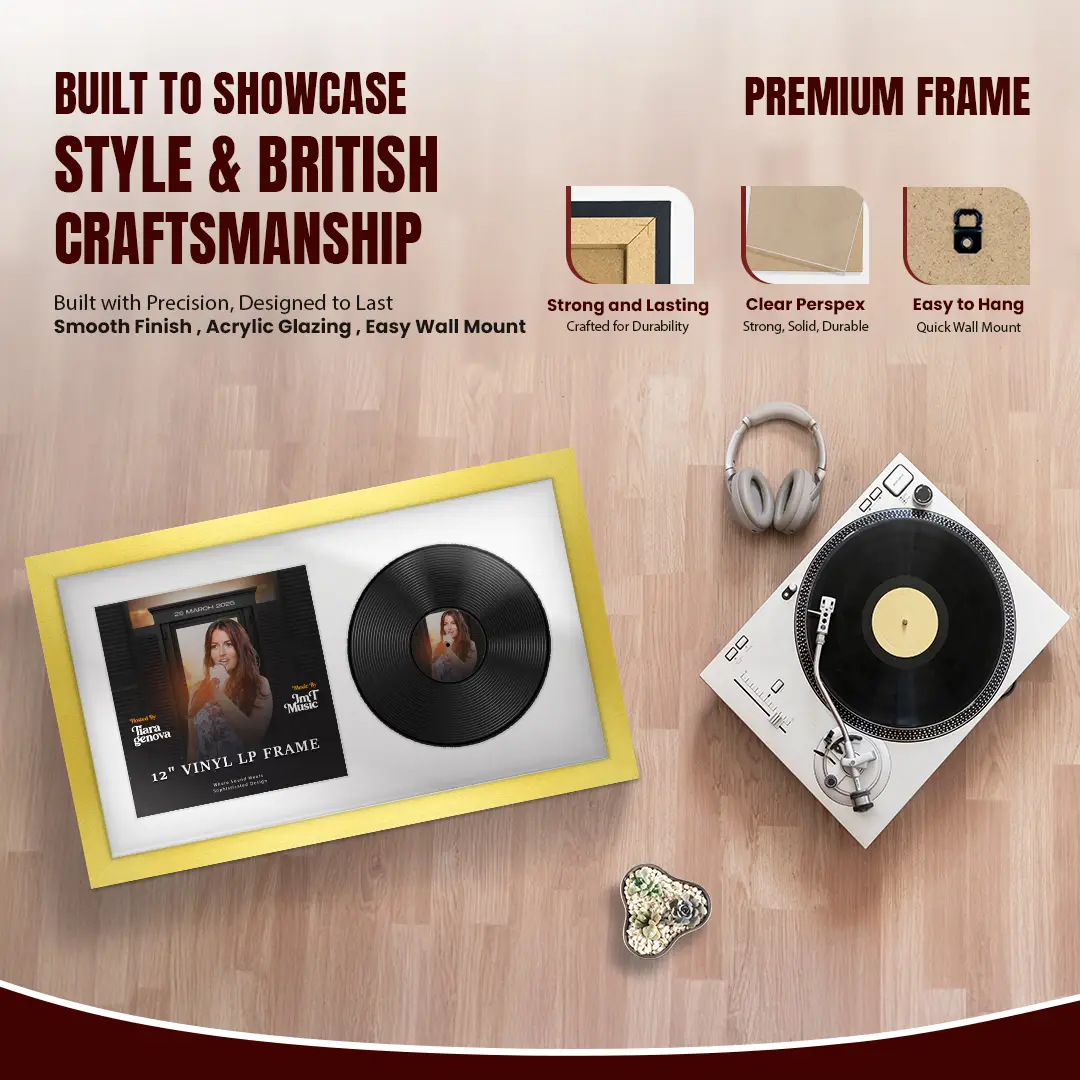 30x17" Modern Gold Vinyl Record Frame With Ice White Mount | For 12" LP Cover and Disc Side By Side Display thumbnail 2