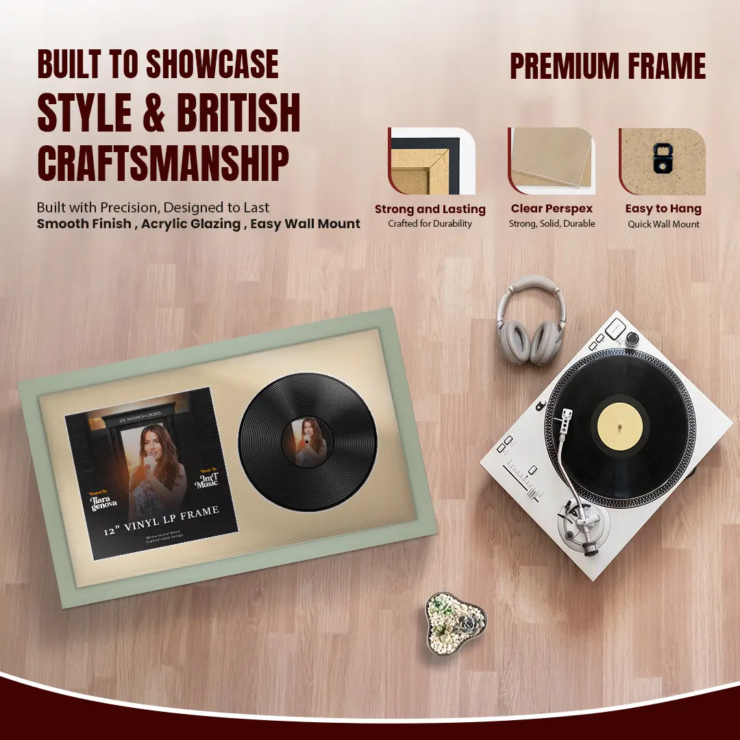 30x17" Modern Green Vinyl Record Frame With Ivory Mount | For 12" LP Cover and Disc Side By Side Display thumbnail 2
