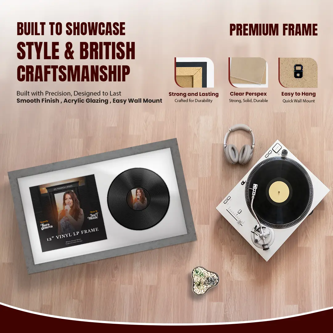30x17" Modern Grey Marble Vinyl Record Frame With Ice White Mount | For 12" LP Cover and Disc Side By Side Display thumbnail 2