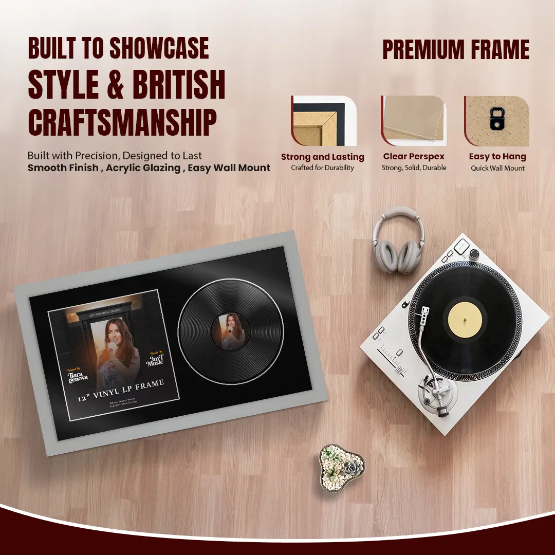 30x17" Modern Light Grey Vinyl Record Frame With Black Mount | Displays 12" LP Cover & Disc Side by Side thumbnail 2