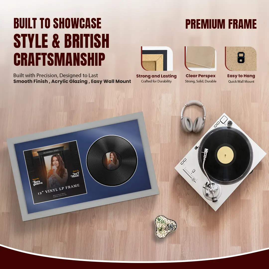 30x17" Modern Light Grey Vinyl Record Frame With Blue Mount | Side by Side 12" LP Cover & Disc Display thumbnail 2