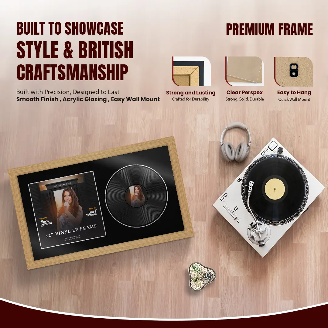 30x17" Modern Light Oak Vinyl Record Frame With Black Mount | For 12" LP Cover and Disc Side By Side Display thumbnail 2