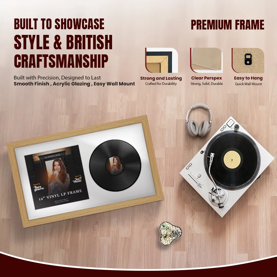 30x17" Modern Light Oak Vinyl Record Frame With Ice White Mount | For 12" LP Cover and Disc Side By Side Display thumbnail 2