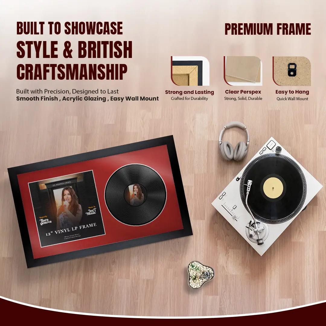 30x17" Modern Matte Black Vinyl Record Frame With Crimson Mount | Side by Side 12" LP Cover & Disc Display thumbnail 2
