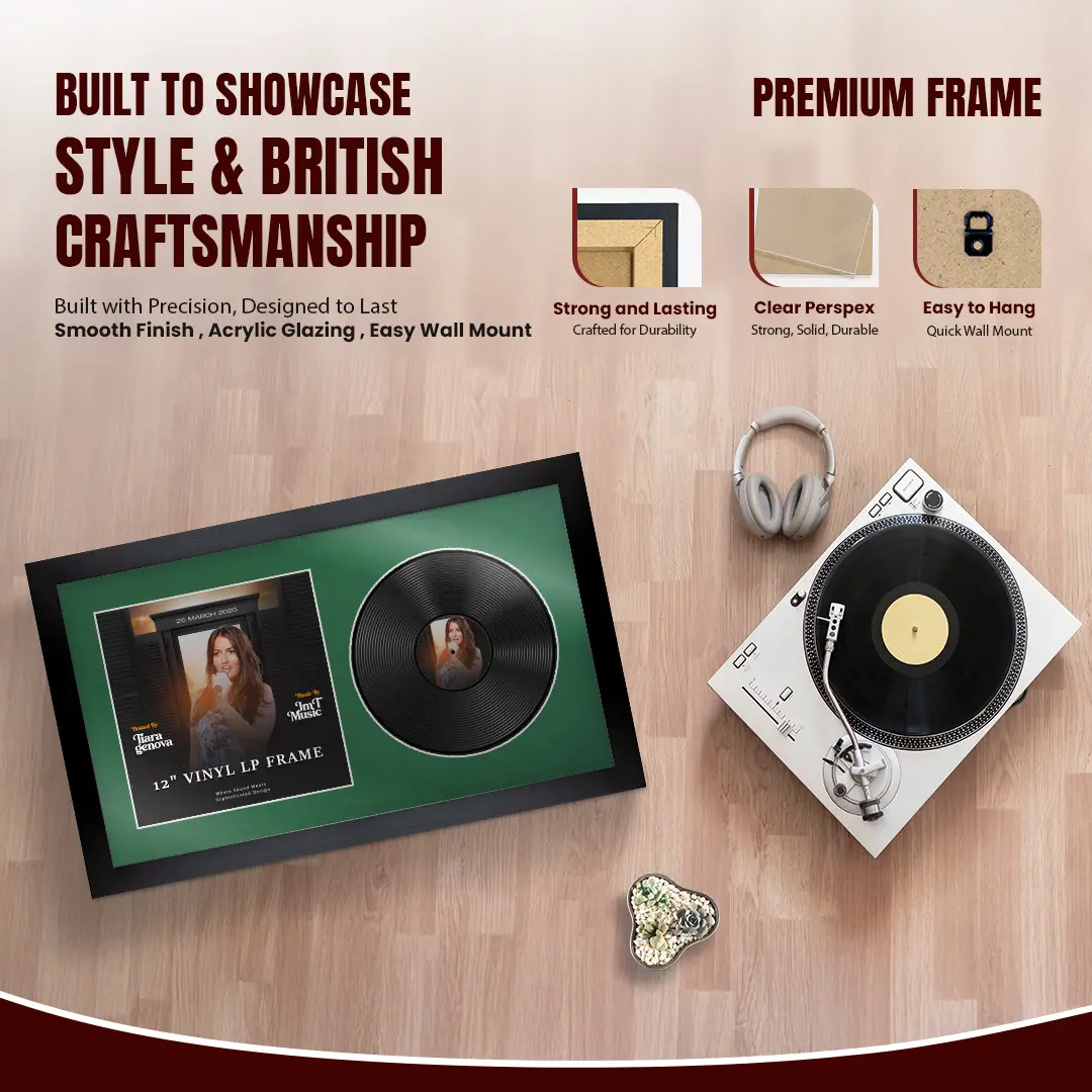 30x17" Modern Matte Black Vinyl Record Frame With Emerald (Green) Mount | For 12" LP Cover and Disc Side By Side Display thumbnail 2