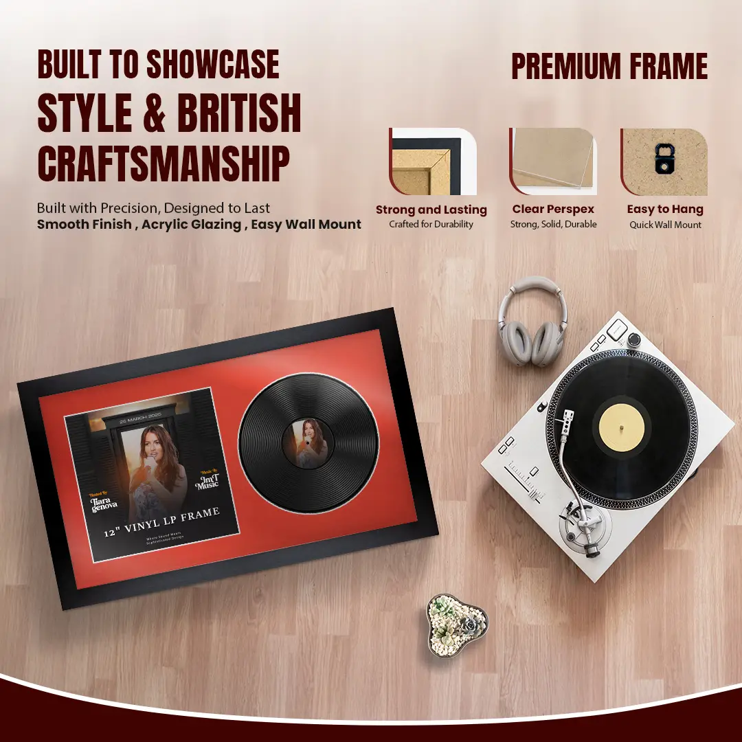 30x17" Modern Matte Black Vinyl Record Frame With Poppy Red Mount | For 12" LP Cover and Disc Side By Side Display thumbnail 2