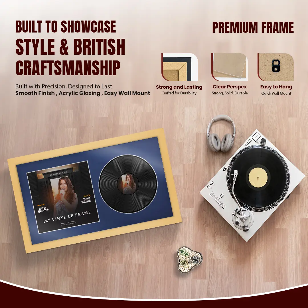 30x17" Modern Mustard Yellow Vinyl Record Frame With Blue Mount | Side by Side 12" LP Cover & Disc Display thumbnail 2