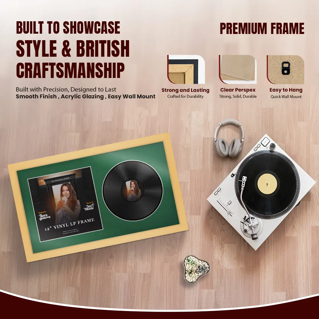 30x17" Modern Mustard Yellow Vinyl Record Frame With Emerald (Green) Mount | For 12" LP Cover and Disc Side By Side Display thumbnail 2