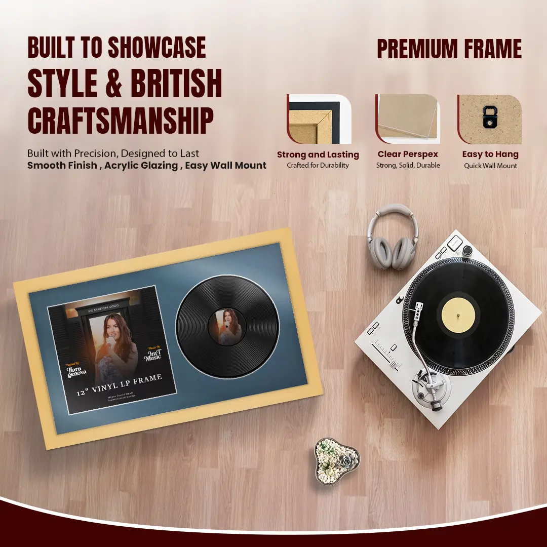 30x17" Modern Mustard Yellow Vinyl Record Frame With Pompador Mount | For 12" LP Cover and Disc Side By Side Display thumbnail 2