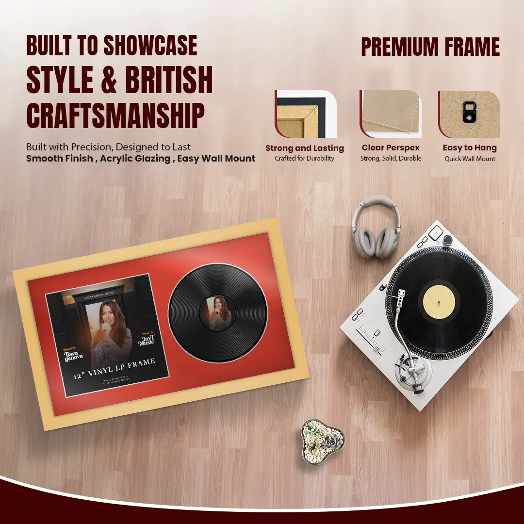 30x17" Modern Mustard Yellow Vinyl Record Frame With Poppy Red Mount | Displays 12" LP Cover & Disc Side by Side thumbnail 2