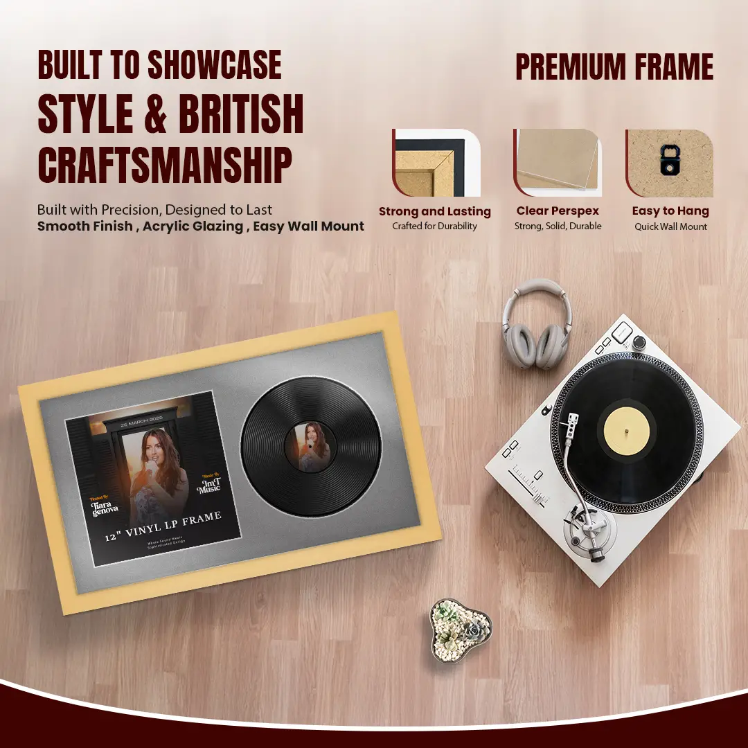 30x17" Modern Mustard Yellow Vinyl Record Frame With Silver Mount | Side by Side 12" LP Cover & Disc Display thumbnail 2