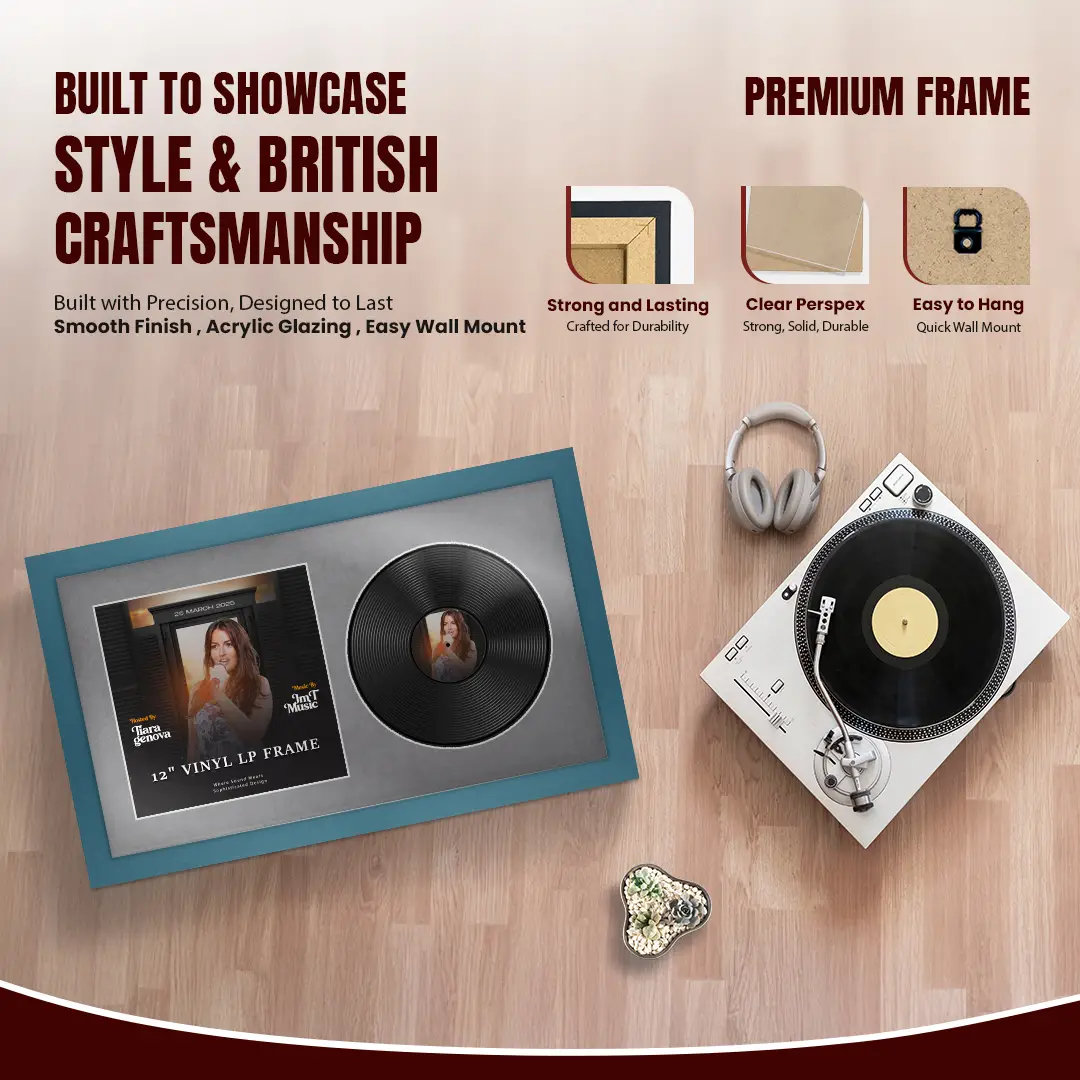 30x17" Modern Navy Blue Vinyl Record Frame With Mid Grey Mount | Side by Side 12" LP Cover & Disc Display thumbnail 2