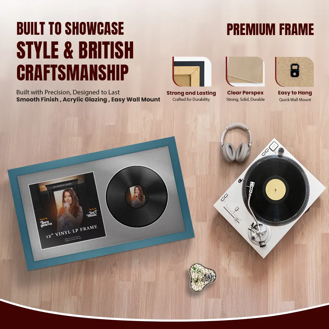 30x17" Modern Navy Blue Vinyl Record Frame With Silver Mount | Side by Side 12" LP Cover & Disc Display thumbnail 2