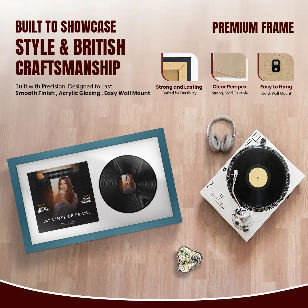 30x17" Modern Navy Blue Vinyl Record Frame With Ice White Mount | For 12" LP Cover and Disc Side By Side Display thumbnail 2