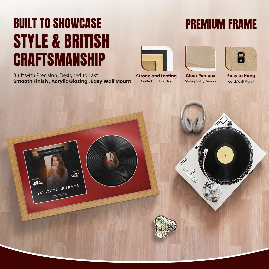 30x17" Modern Oak Vinyl Record Frame With Crimson Mount | Side by Side 12" LP Cover & Disc Display thumbnail 2